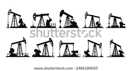 Oil pumpjack rig gas fuel drilling production black silhouette icon set vector flat illustration. Industrial petroleum fossil petrol resource power energy pump jack rig extraction mechanical