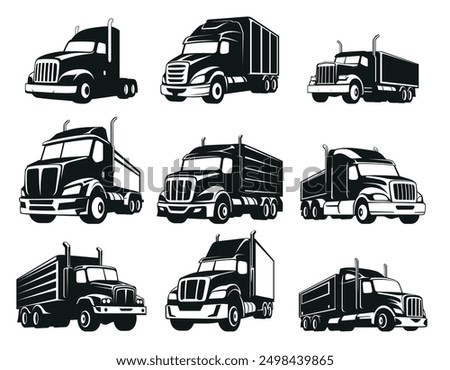 Transportation logistics truck black monochrome isometric perspective silhouette set vector illustration. Lorry cargo transport big van automobile moving shipping delivery industrial container