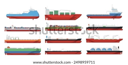 Cargo ships cartoon marine barge empty and with container side view set vector flat illustration. Nautical logistic industrial commercial delivery vessel freight import export transportation