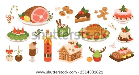 Christmas food set with seasonal desserts and serving meat isometric vector illustration. Happy winter holiday celebration meal turkey ham sweet cane gingerbread man ginger house cake delicious