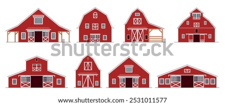 Red barn house farm agricultural wooden construction facade set isometric vector illustration. Ranch farmhouse rural agriculture architecture classic country barnyard building with window and gate