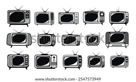 Retro TV silhouette black old fashion television icon set vector flat illustration. Analog multimedia video broadcasting technology watch screen box with antennae media entertainment