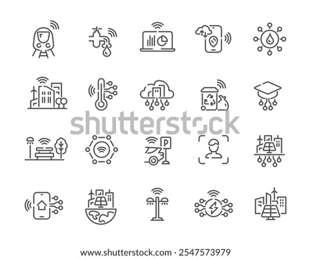 Smart city industrial innovation technology line art icon set vector illustration. Urban modern person analyzing silent train database cloud computing parking online education wi fi sensor lightning