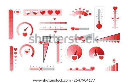 Love indicator Saint Valentine's Day meter with red heart set vector flat illustration. Attraction and passion scale gauge for romance measurement thermometer speedometer satisfaction progress check