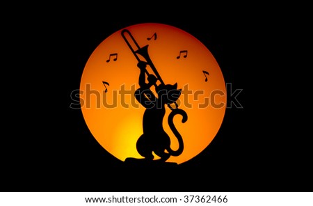 Cat making music by night with moon on the background