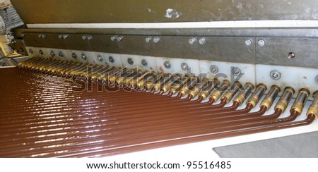 Flowing warm chocolate for candybars production