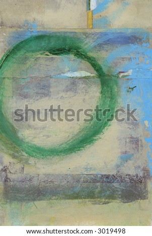 Abstract painting of a green circle moving off the composition.