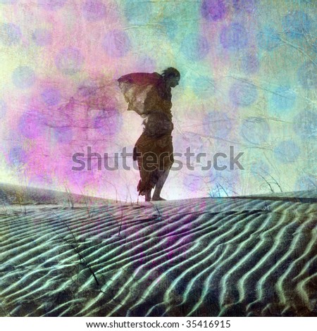 Abstract female figure in desert dune. Photo based illustration.