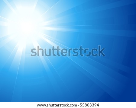 Blue sky with glaring sun. Abstract background, asymmetric light burst with the center in the upper left third. Use of linear and radial gradients. Artwork grouped and layered. Global colors.