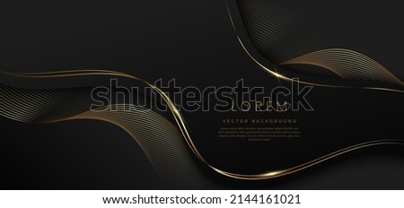 Abstract 3d black background with gold lines curved wavy sparkle with copy space for text. Luxury style template design. Vector illustration