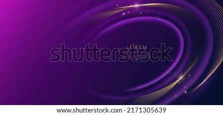 Abstract luxury golden lines curved overlapping on dark blue and purple background with lighting effect spakle. Template premium award ceremony design. Vector illustration