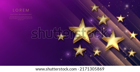 Abstract luxury golden stars on dark blue and purple background with lighting effect and spakle. Template premium award design. Vector illustration