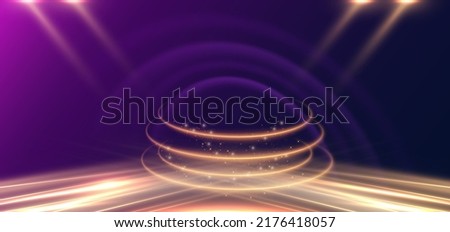 Abstract luxury golden lines curved overlapping on dark blue and purple background with lighting effect spakle. Template premium award ceremony design. Vector illustration