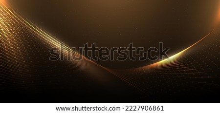 Abstract luxury curve golden lines lighting effect and dust particles on  brown background. Template premium award design. Vector illustration