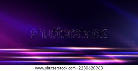 Abstract technology futuristic neon horizontal glowing blue and pink  light lines with speed motion blur effect on dark blue background. Vector illustration