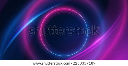 Abstract technology futuristic neon circle glowing blue and pink  light lines with speed motion blur effect on dark blue background. Vector illustration