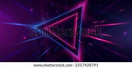 Abstract technology futuristic neon triangle glowing blue and pink  light lines with speed motion blur effect on dark blue background. Vector illustration