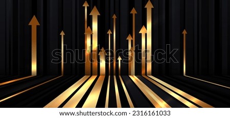 Abstract gold arrow vertical lines on dark black background with lighting effect and sparkle with copy space for text. Luxury template award design style. Vector illustration