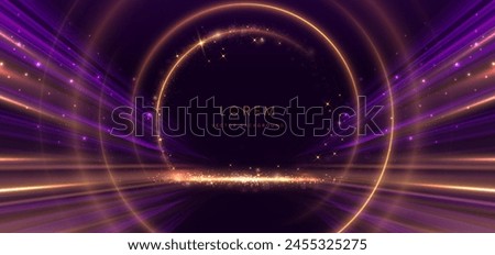 Luxury dark purple background with circle glowing blue and golden line lighting effect sparkle. Template premium award ceremony design. Vector illustration