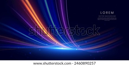 Abstract futuristic glowing neon multi color lines. Hi speed motion moving concept on dark blue background. Vector illustration