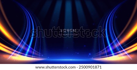 Elegant scene blue glowing line with orange lighting effect sparkle on black background. Template premium award design. Vector illustration