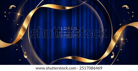 Blue curtain background. Golden confetti banner and ribbon background. Celebration grand openning party happy concept. Vector illustration