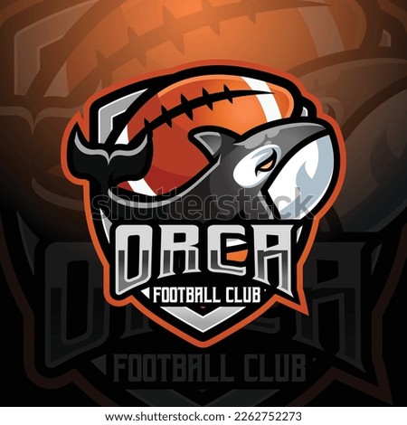 Orca killer whale mascot american football and rugby team logo design vector with modern illustration concept style for badge, emblem and tshirt printing. For sport, gamer, league and esport team.