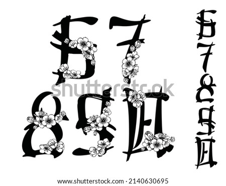 Japanese-style vector floral numeral set. Imitation of hieroglyphs. 6 7 8 9 0