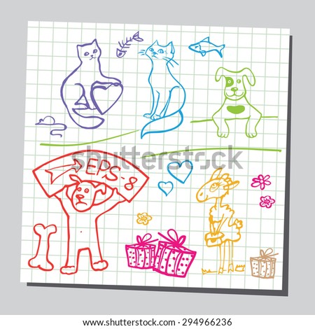 Set of cartoon animals. Cats, dogs and sketched sheep.