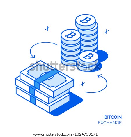 Isometric bitcoin investment and exchange line style design concept