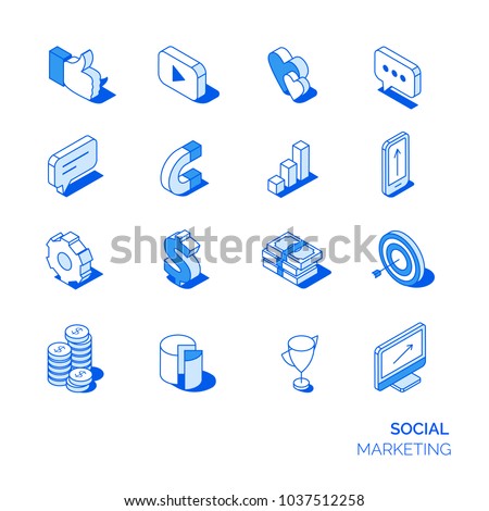 Isometric social marketing icons set. Line style 3D icons