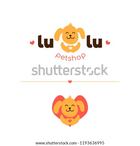 Cute happy cartoon dog animal character mascot,pet shop signs logo vector concept.Adorable smiling puppy with love heart sign name Lulu on white background