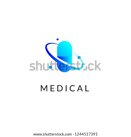 Flat medicine icon blue gradient emblem logos, web online concept. Logo of pill, atom, planet, pharmaceutical icons