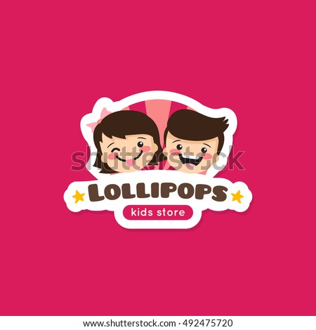 Vector cartoon lollipops store logo. Cute kids shop symbol with boy and girl heads
