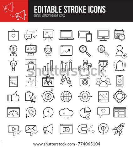 Social media marketing editable line icons. Vector SMM icons with adjustable stroke