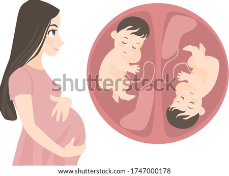 image of a pregnant woman in a pink dress and her multiple pregnancy.
stock isolated illustration on white background for printing on postcards, websites, shop advertising in cartoon style