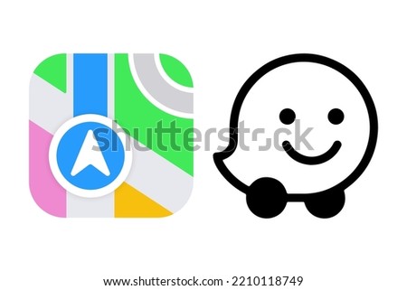 Apple Maps and Waze navigation icons.  Web flat icon.