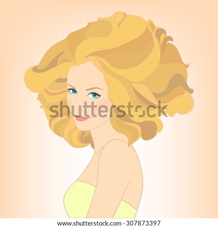 Beautiful girl with blond curly hair. Vector illustration. Spa, hair salon, beauty or fashion consent.