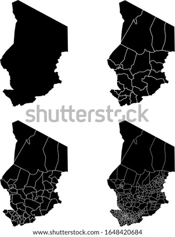 Chad vector maps with administrative regions, municipalities, departments, borders