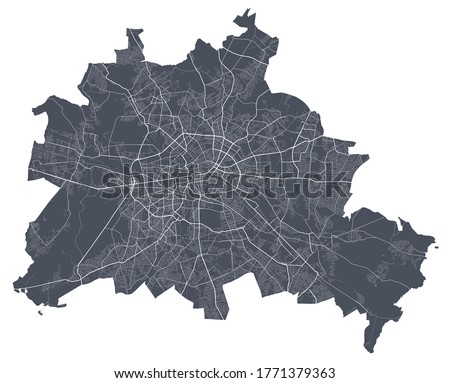 Berlin map. Detailed vector map of Berlin city administrative area. Dark poster with streets on white background.