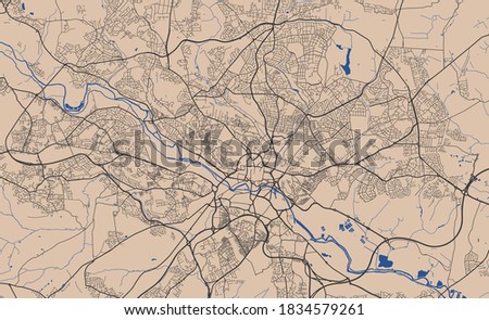 Detailed map of Leeds city administrative area. Royalty free vector illustration. Cityscape panorama. Decorative graphic tourist map of Leeds territory.