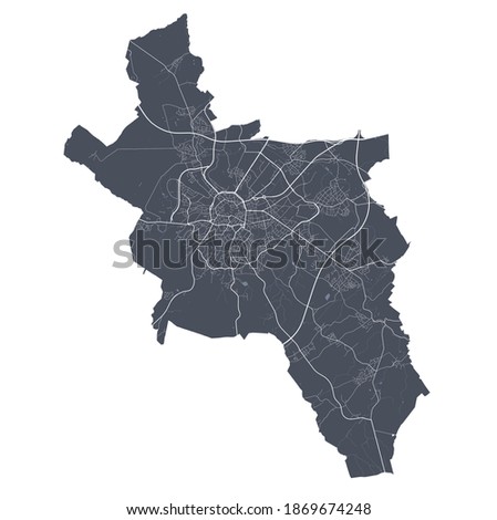 Aachen map. Detailed vector map of Aachen city administrative area. Cityscape poster metropolitan aria view. Dark land with white streets, roads and avenues. White background.