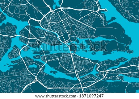 Detailed map of Stockholm city administrative area. Royalty free vector illustration. Cityscape panorama. Decorative graphic tourist map of Stockholm territory.