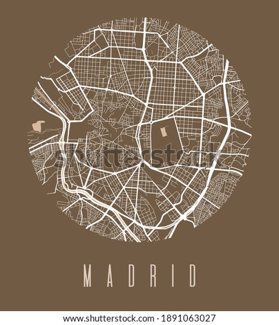 Madrid map poster. Decorative design street map of Madrid city. Cityscape aria panorama silhouette aerial view, typography style. Land, river, highways, avenue. Round circular vector illustration.