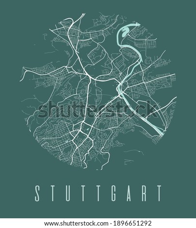 Stuttgart map poster. Decorative design street map of Stuttgart city. Cityscape aria panorama silhouette aerial view, typography style. Land, river, avenue. Round circular vector illustration.