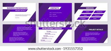 Business presentation design template. Contacts, services, development process and project details. Simple flat oblique lines, triangles, purple color, 6 slides. Modern corporate document. 商業照片 © 