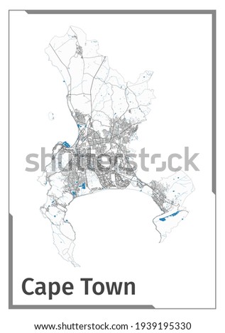 Cape Town map poster, administrative area plan view. Black, white and blue detailed design map of Cape Town city with rivers and streets. Outline silhouette of metropolitan cityscape.