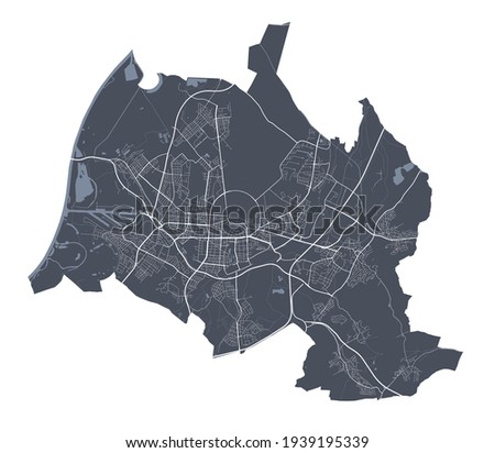 Karlsruhe map. Detailed vector map of Karlsruhe city administrative area. Cityscape poster metropolitan aria view. Dark land with white streets, roads and avenues. White background.