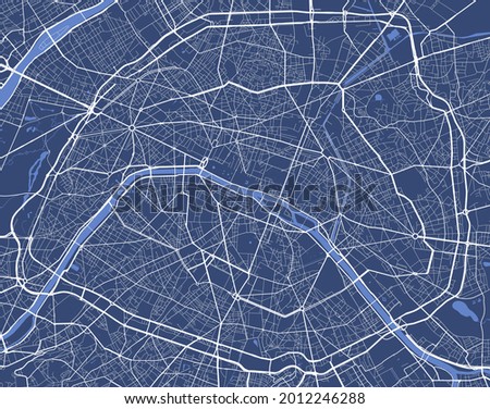 Detailed map poster of Paris city administrative area. Cityscape panorama. Decorative graphic tourist map of Paris territory. Royalty free vector illustration.
