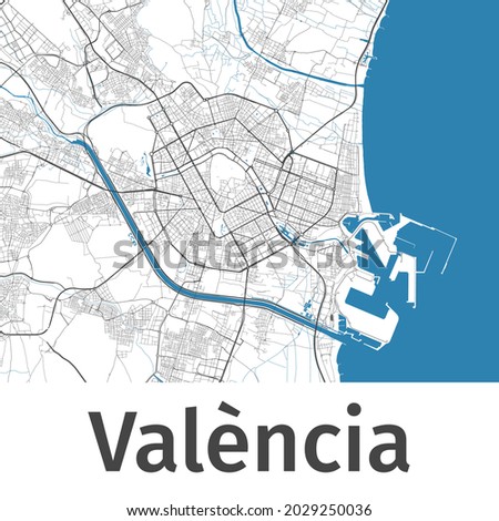 Valencia map. Detailed map of Valencia city administrative area. Cityscape panorama. Royalty free vector illustration. Outline map with highways, streets, rivers. Tourist decorative street map.